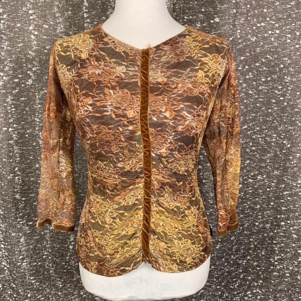 Vintage Denise Cruz Brown Floral Lace Top Boho Y2K Whimsigoth Women's Medium